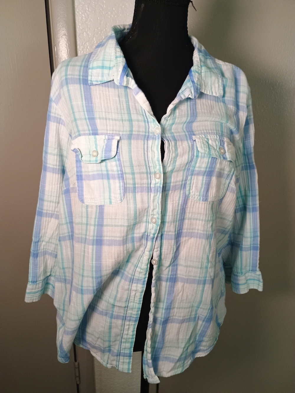 Croft & Barrow Plaid Cotton Button Down in White & Blue XL